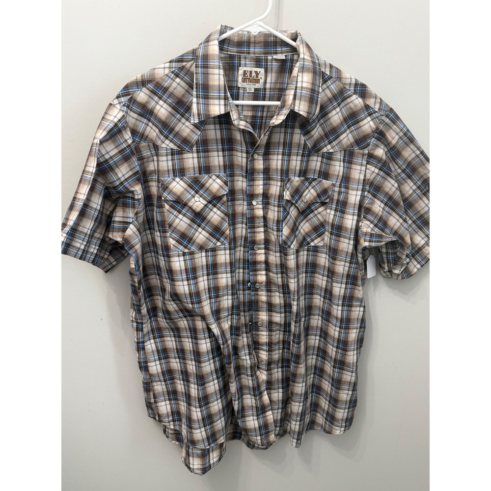 Ely Cattleman Men's XL Short Sleeve Western Pearl Snap Plaid Shirt Brown Blue
